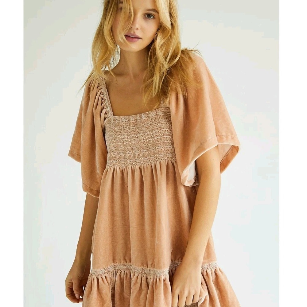 Free People Easy To Love Taupe Champagn Cotton Crinkle Bubble‎ Mini Dress  Small